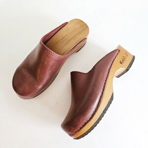Kebba Edith Genuine Leather Handmade Wooden Clogs Cognac Natural Platforms EU 35